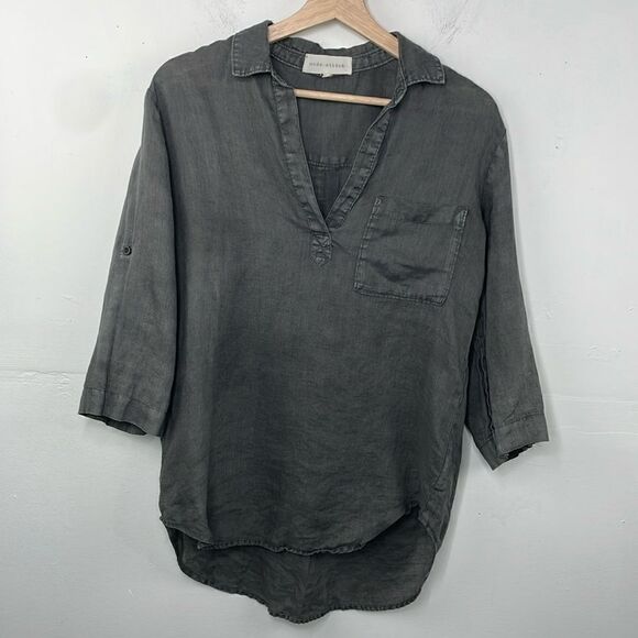 Side Stitch Linen Popover Tunic Top Blue Roll Tab Sleeve Pocket Collar Small - Picture 1 of 15